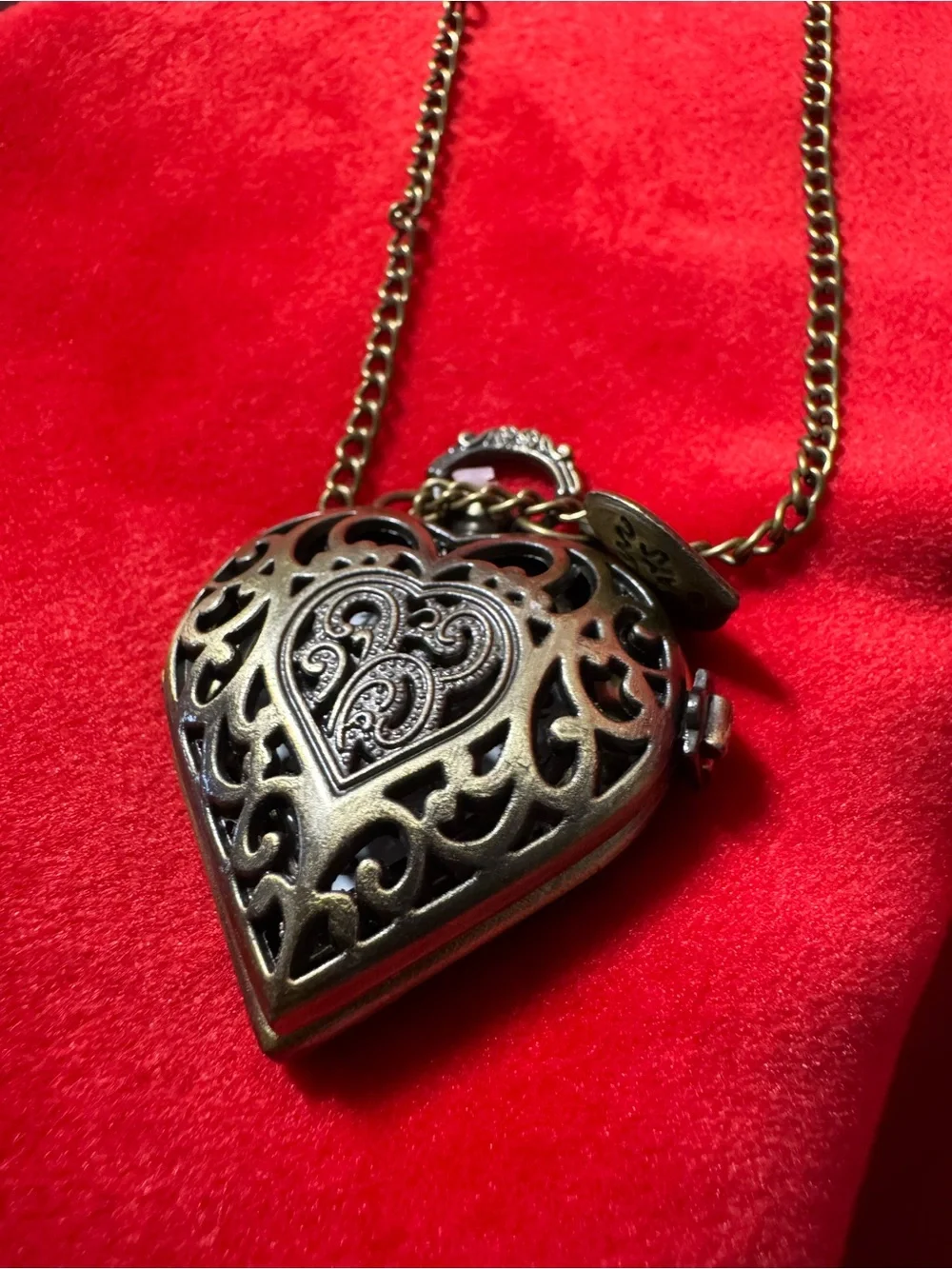 Heart Locket Pendant Watch - Bronze Tone with White Face